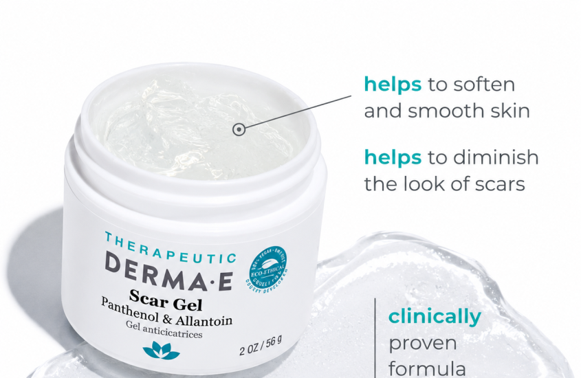 DERMA E Scar Gel with Panthenol and Allantoin to help soften skin and diminish the look of scars