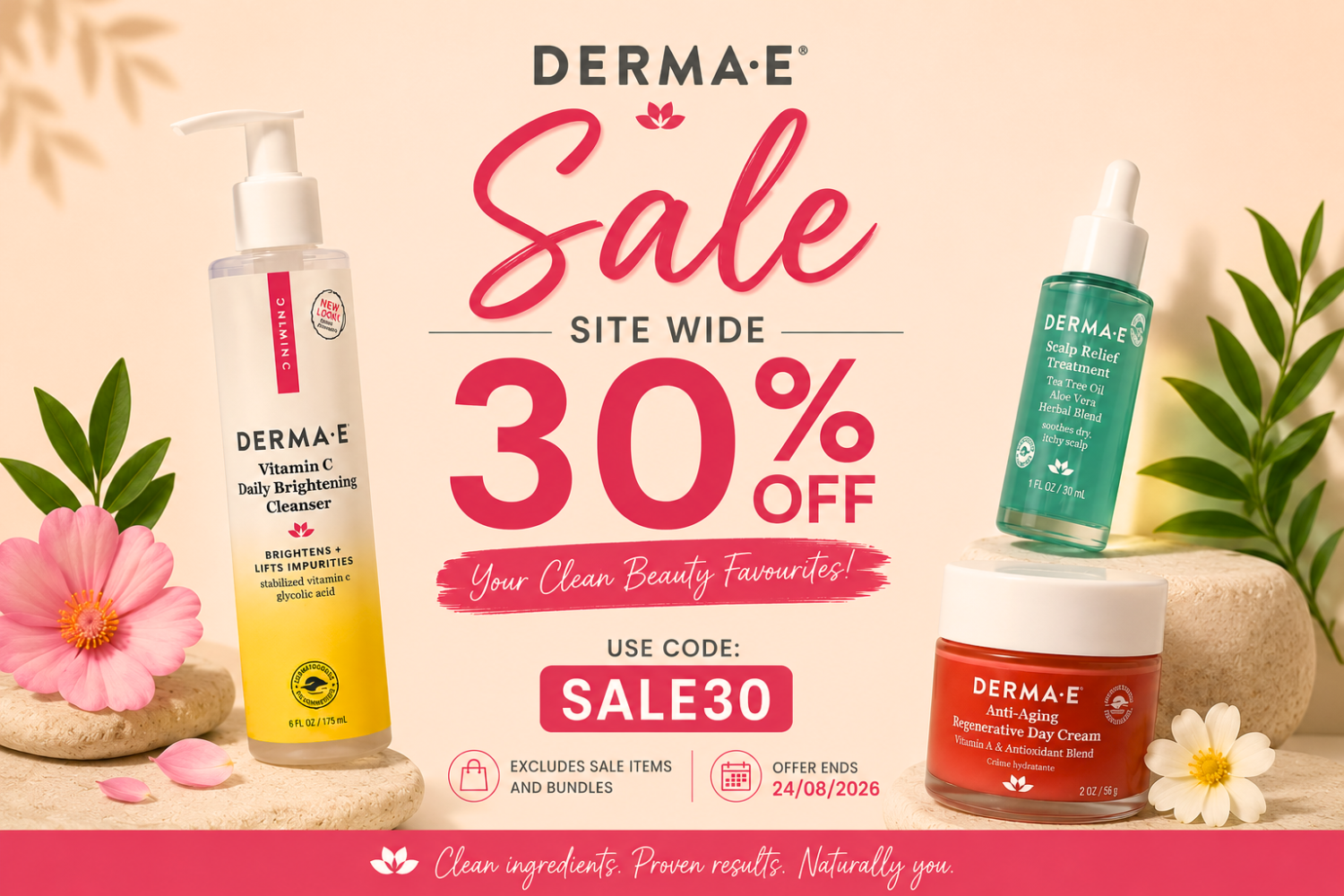 DERMA E 30% off sitewide sale. Use code SALE30. Excludes sale items and bundles. Offer ends 24 August 2026.
